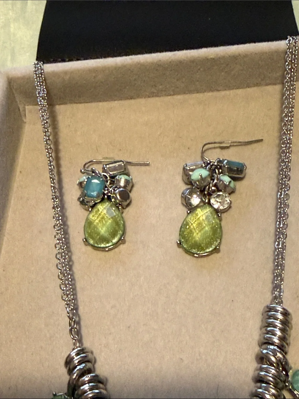 New York & Company Yellow and Light Green Statement Necklace & Earring Set
